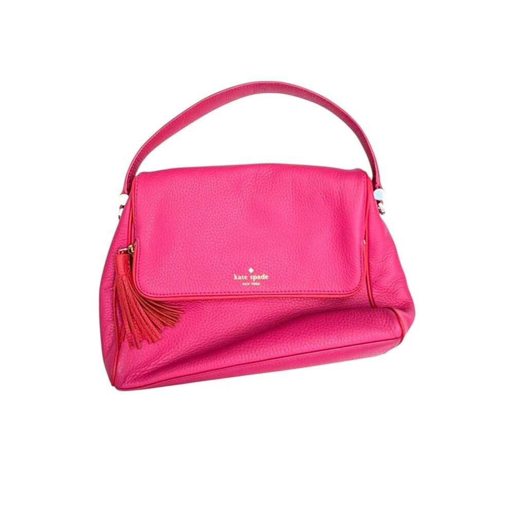 Kate Spade New York Hot Pink Pebbled Leather Flap Shoulder Bag Tassel Purse